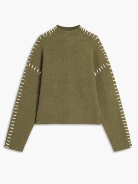 Commense Green Mock Neck Ribbed Sweater with Whipstich Detailing  (Size M)